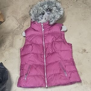 Plum Puffer Vest with Faux Fur Hood